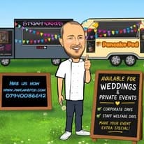 Cartoon of the Pancake Pod owner giving a thumbs up in front of the Streetwraps and Pancake Pod trucks, beside a sign reading 'Available for weddings and private events, corporate days, staff welfare days'